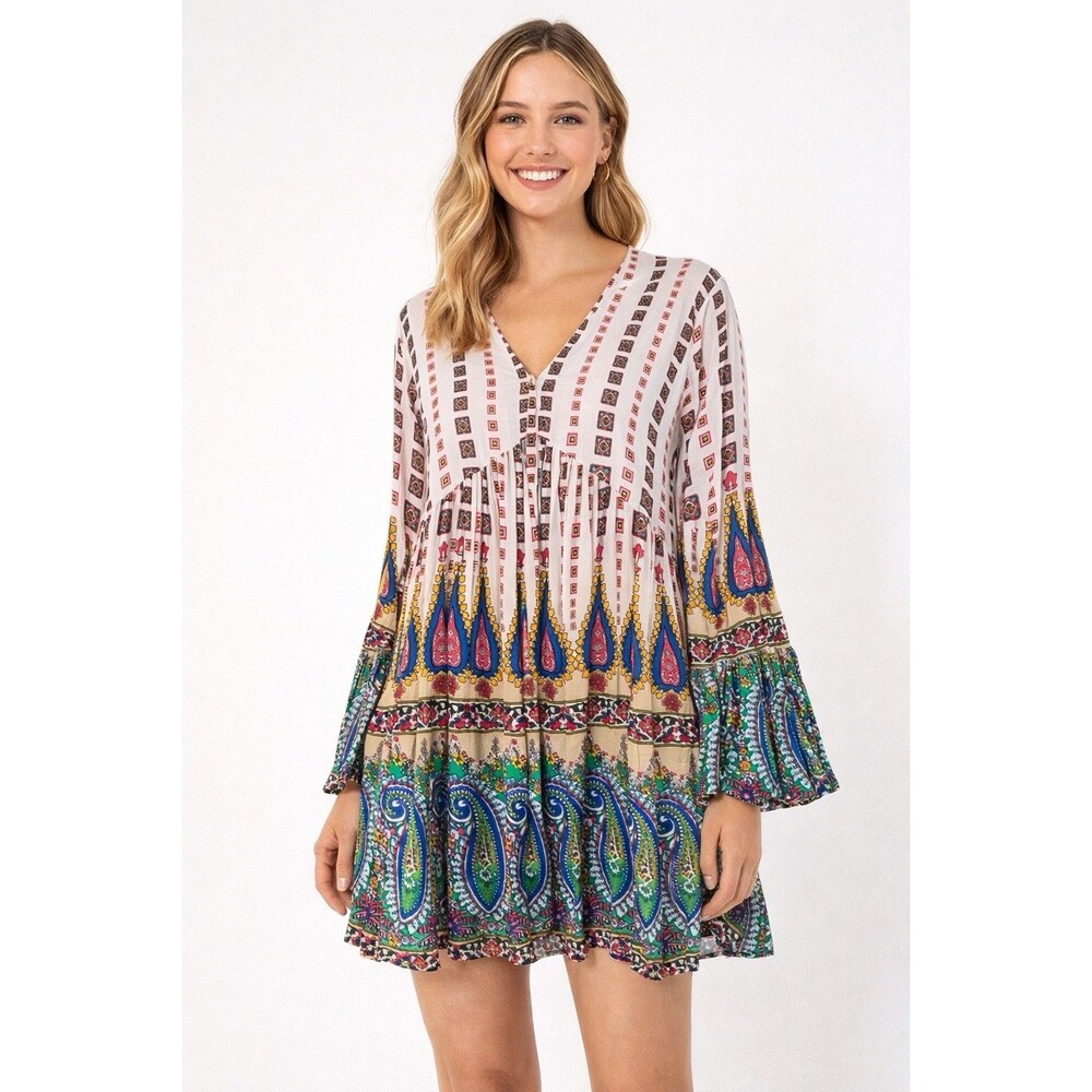 Umgee Boho Paisley Print V-Neck Mini Dress Long Sleeve Size L Flowy